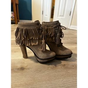 B Brian Atwood Womens Lace Up Platform Fringe Booties Brown Suede Size 9